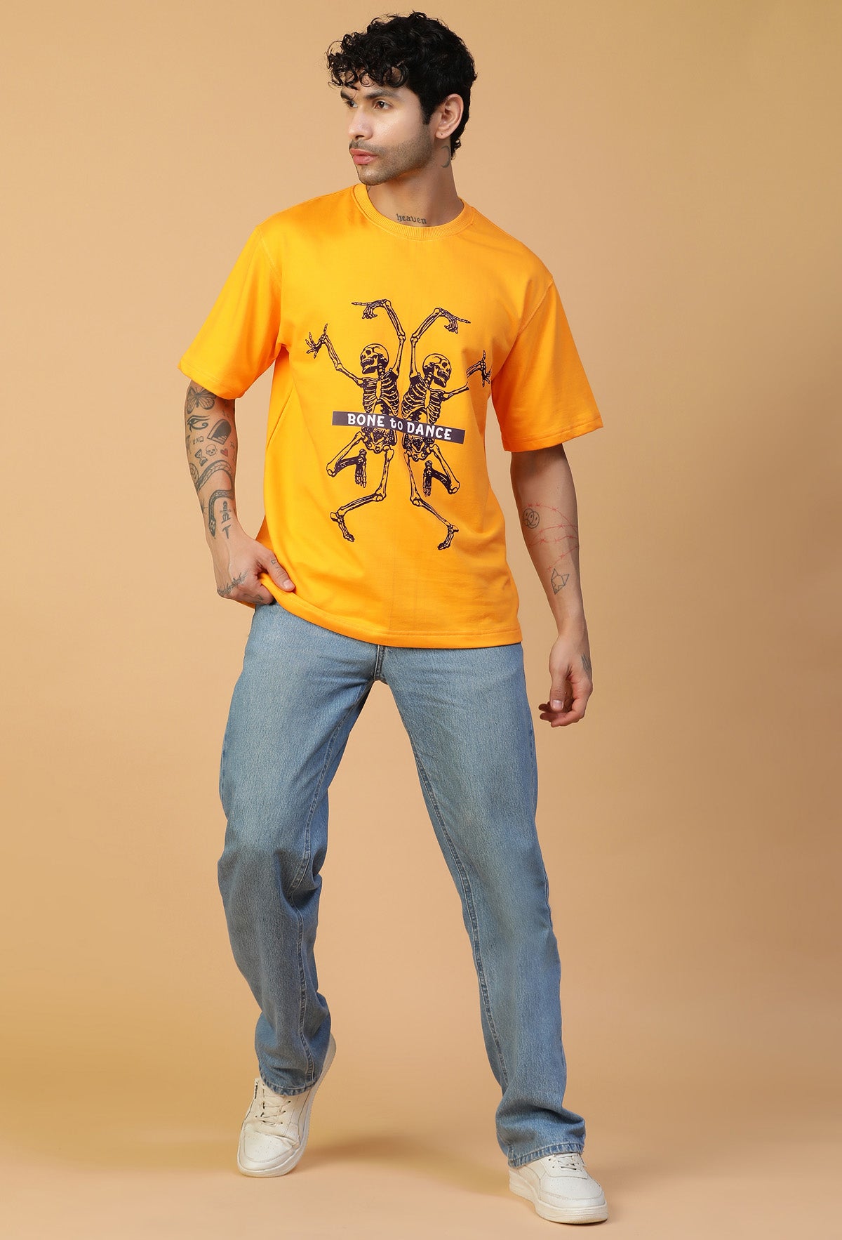 Graphic Printed Bones Pure Cotton Oversized T-shirt mustered.