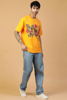 Floral Design Printed Pure Cotton Oversized T-shirt Mustard