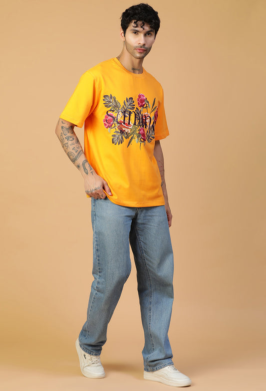 Floral Design Printed Pure Cotton Oversized T-shirt Mustard