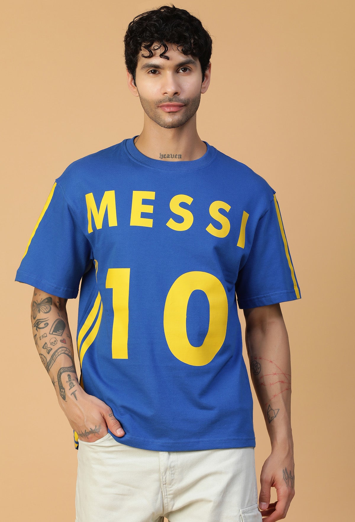 Premium Cotton Messi 10 Drop-Shoulder Sleeves Royal Blue Oversized T-shirt.