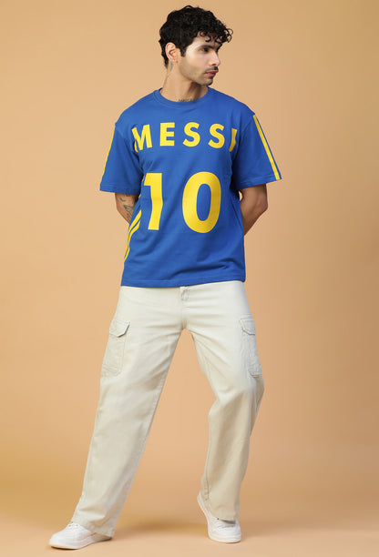 Premium Cotton Messi 10 Drop-Shoulder Sleeves Royal Blue Oversized T-shirt
