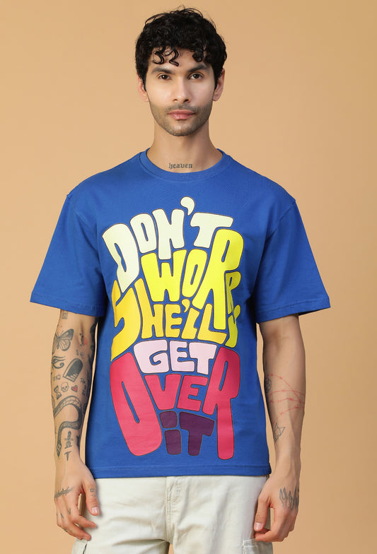 Premium Cotton Text Printed Drop-Shoulder Sleeves Royal Blue Oversized T-shirt