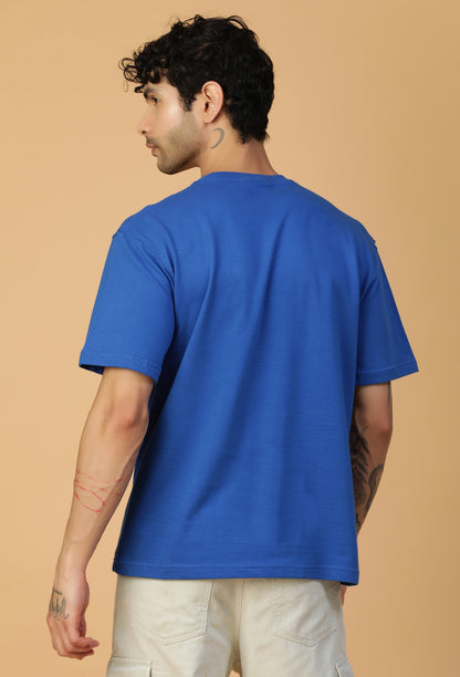 Premium Cotton Text Printed Drop-Shoulder Sleeves Royal Blue Oversized T-shirt