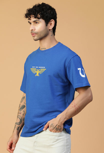 Premium Cotton Warhammer Printed Drop-Shoulder Sleeves Royal Blue Oversized T-shirt