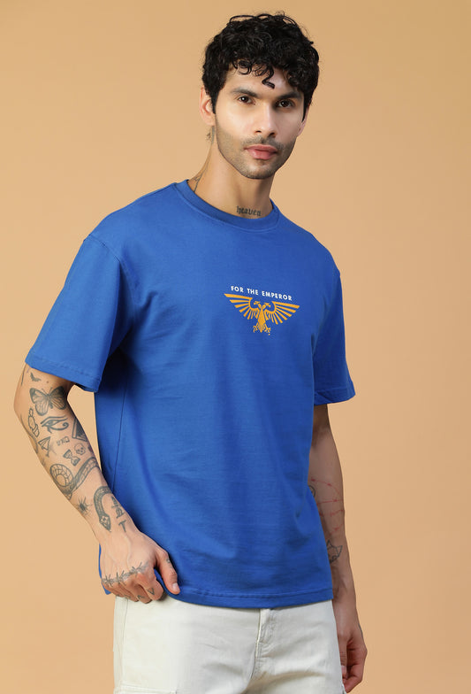 Premium Cotton Warhammer Printed Drop-Shoulder Sleeves Royal Blue Oversized T-shirt