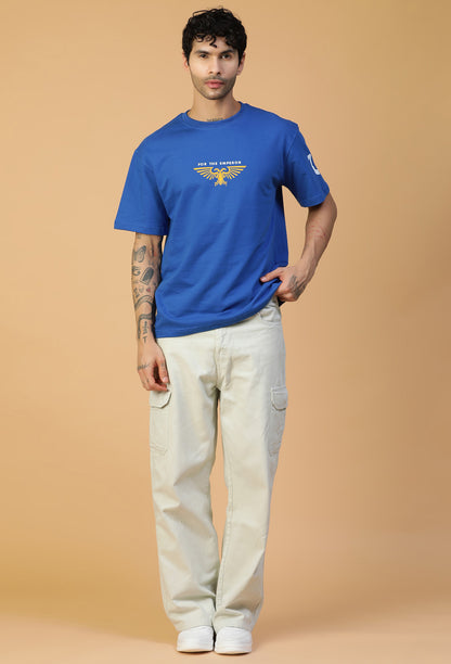 Premium Cotton Warhammer Printed Drop-Shoulder Sleeves Royal Blue Oversized T-shirt