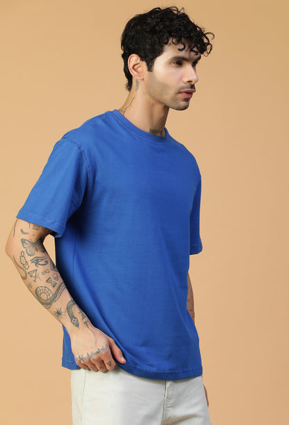 Solid Royal Blue Premium Cotton Drop-Shoulder Sleeves Oversized T-shirt