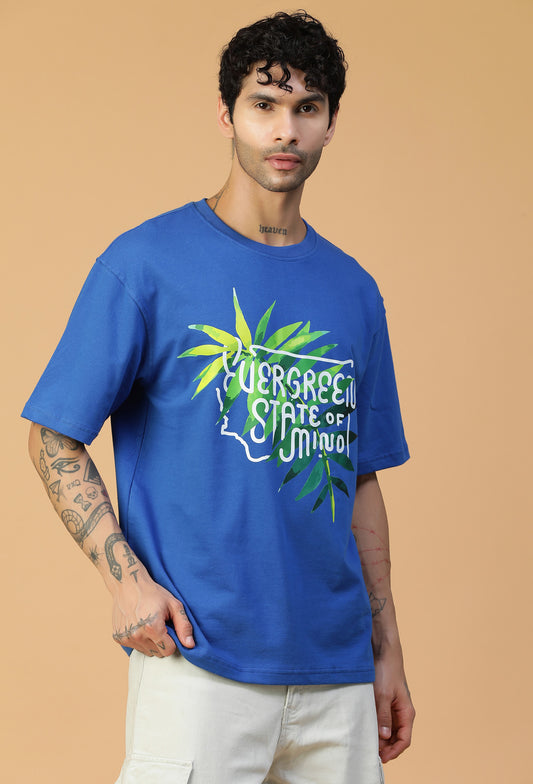 Premium Cotton Evergreen Printed Drop-Shoulder Sleeves Oversized Royal Blue T-shirt
