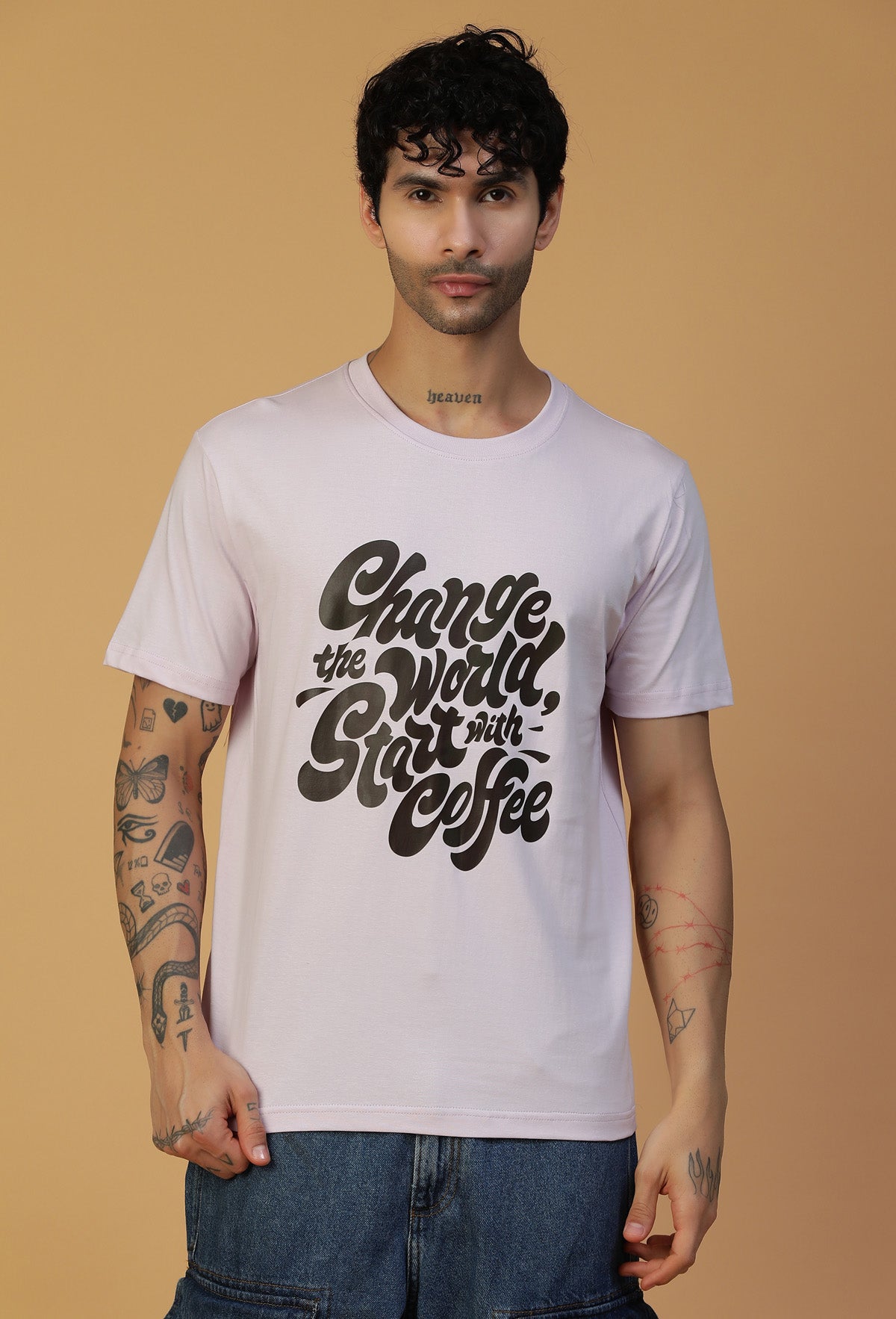 Regular Fit Coffee Typography Design Lavender T-Shirt.