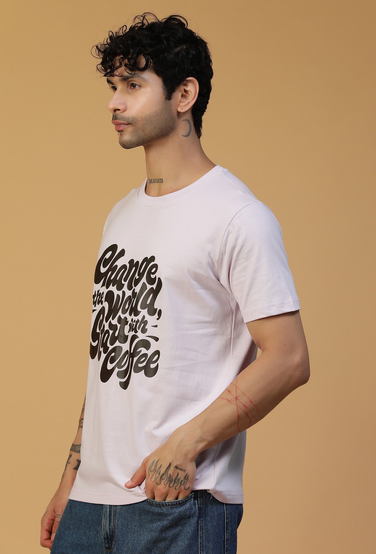 Regular Fit Coffee Typography Design Lavender T-Shirt.