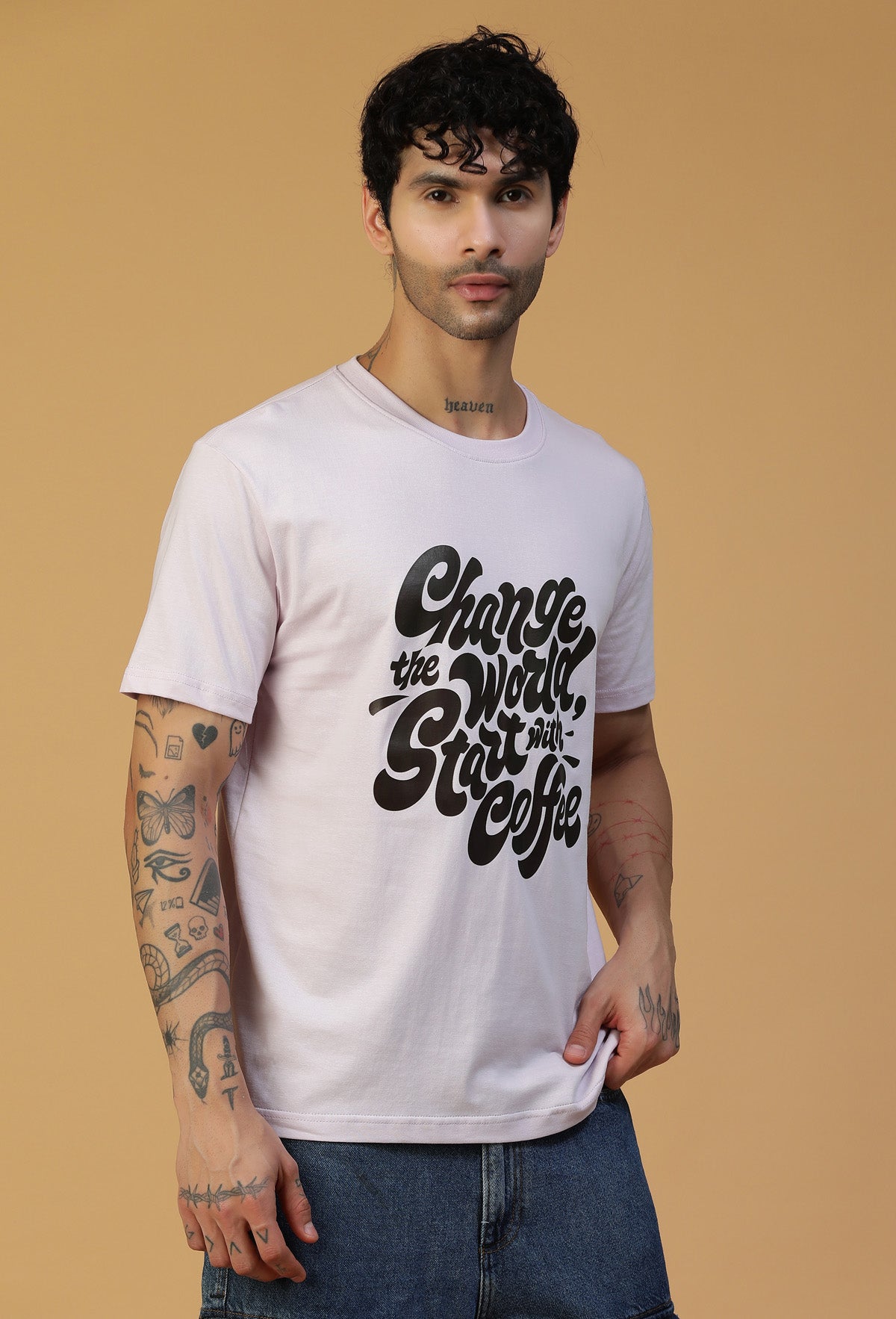 Regular Fit Coffee Typography Design Lavender T-Shirt.