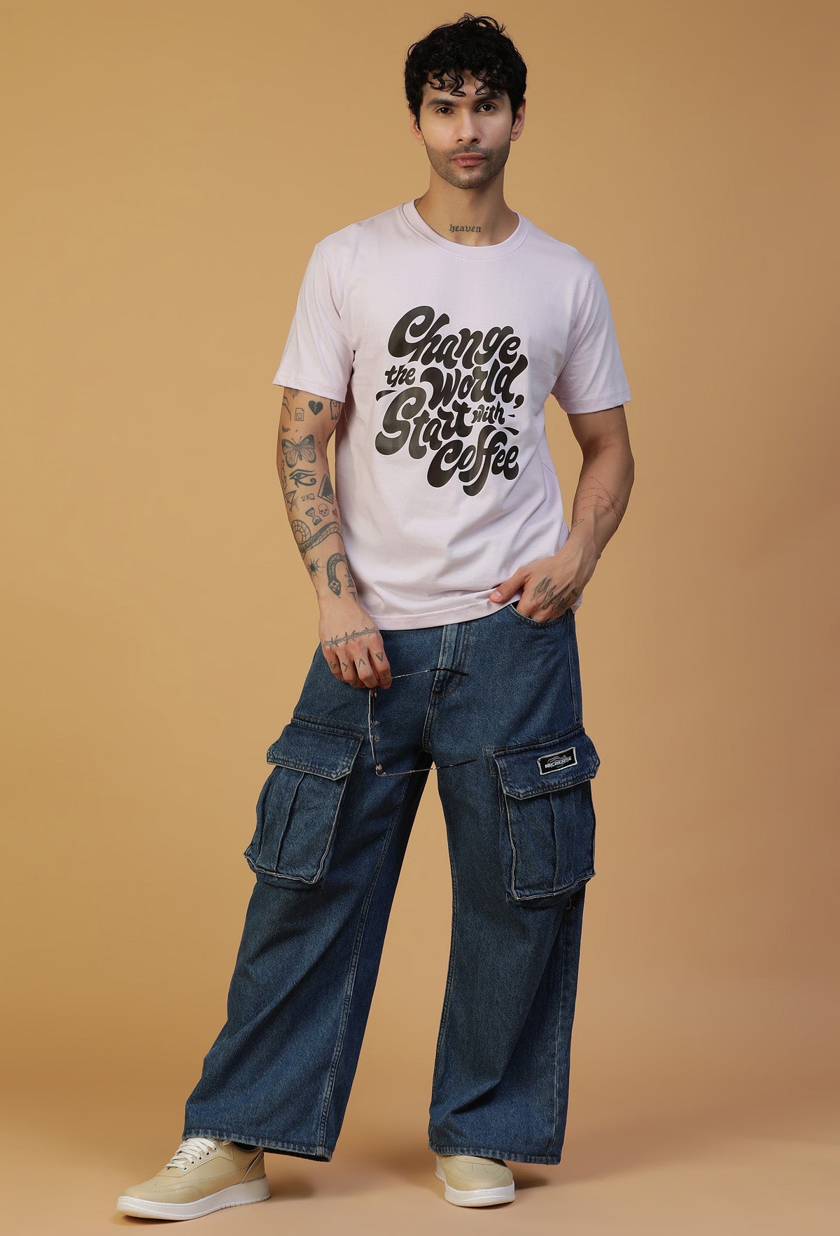Regular Fit Coffee Typography Design Lavender T-Shirt.