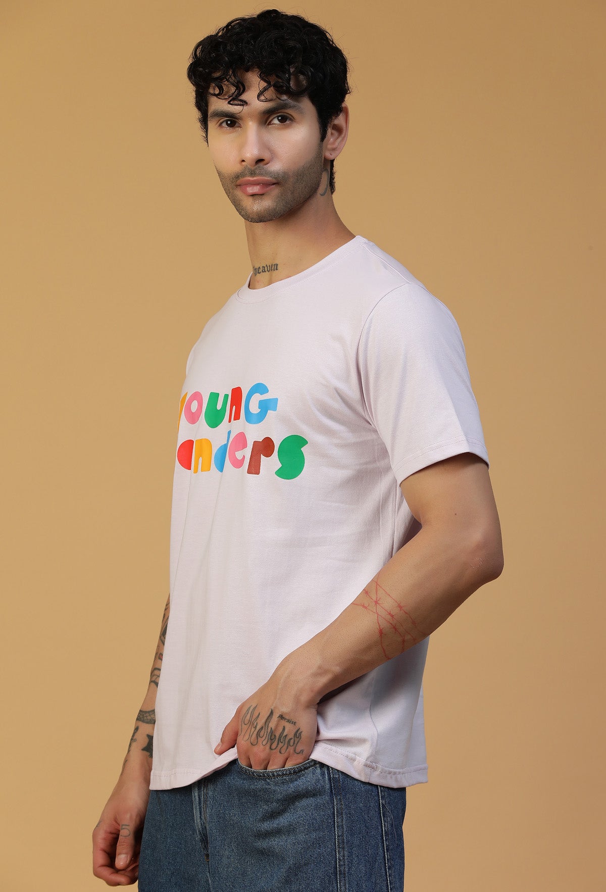 Regular Fit Colorful Typography Design Lavender T-Shirt.