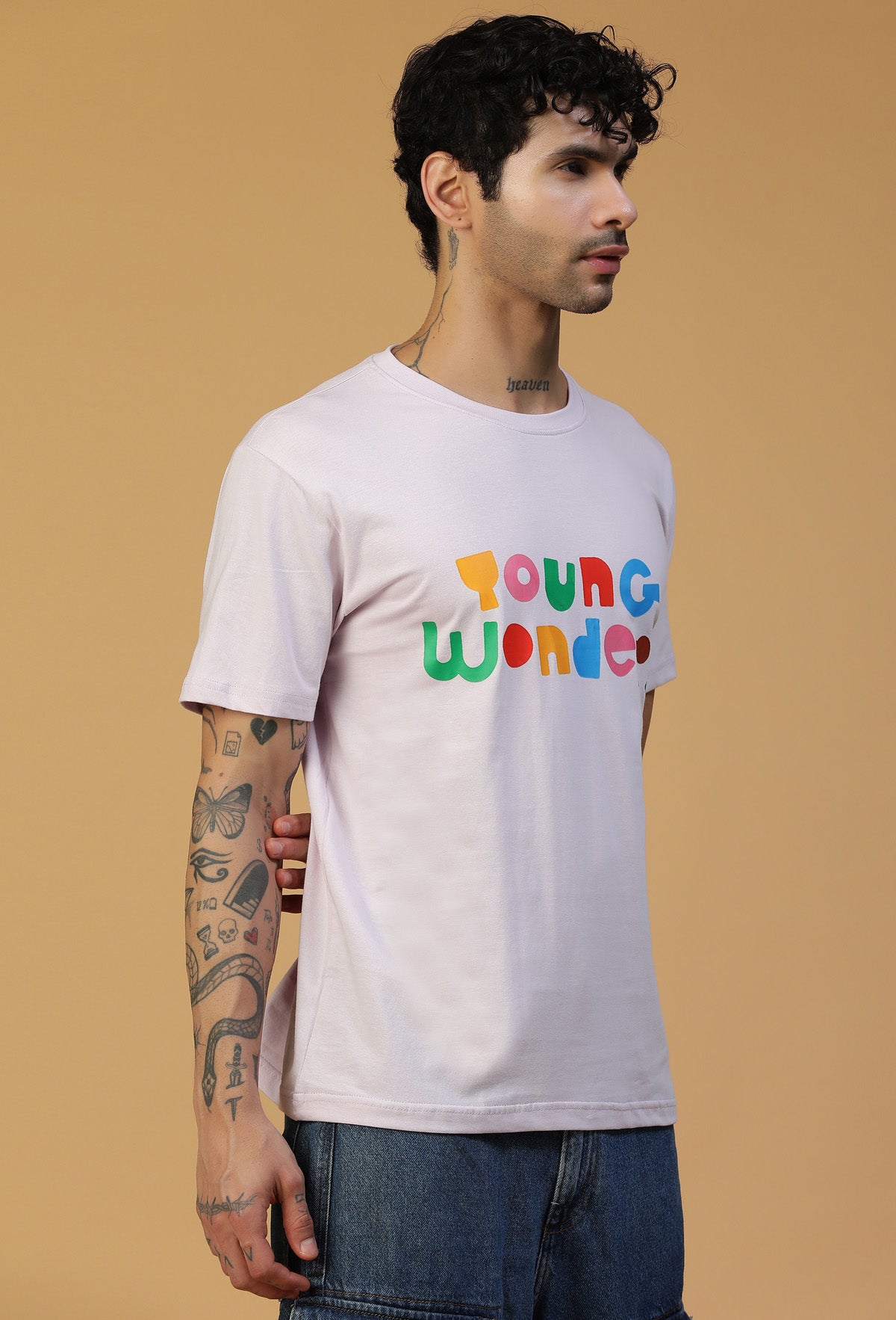 Regular Fit Colorful Typography Design Lavender T-Shirt.