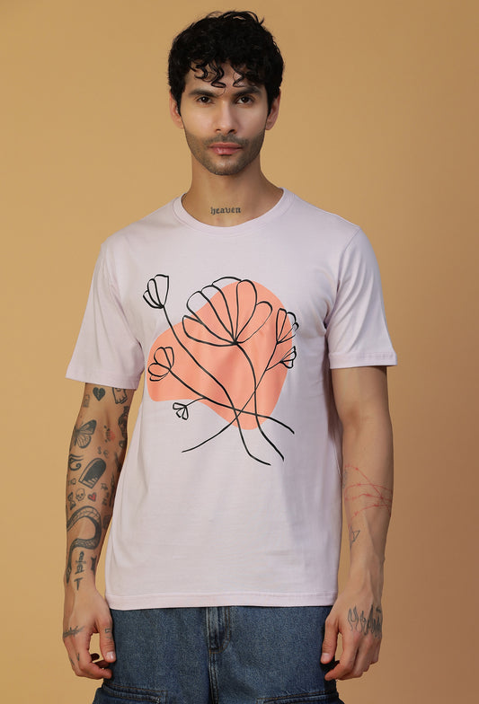 Regular Fit Minimal Floral Design Printed T-Shirt Lavender