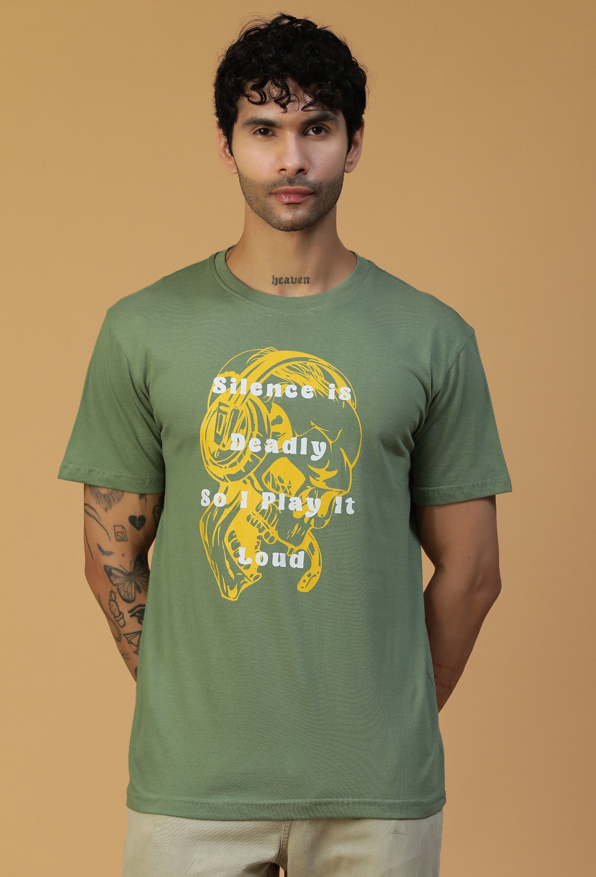 Skull and Typography Olive Regular Fit Premium T-Shirt.