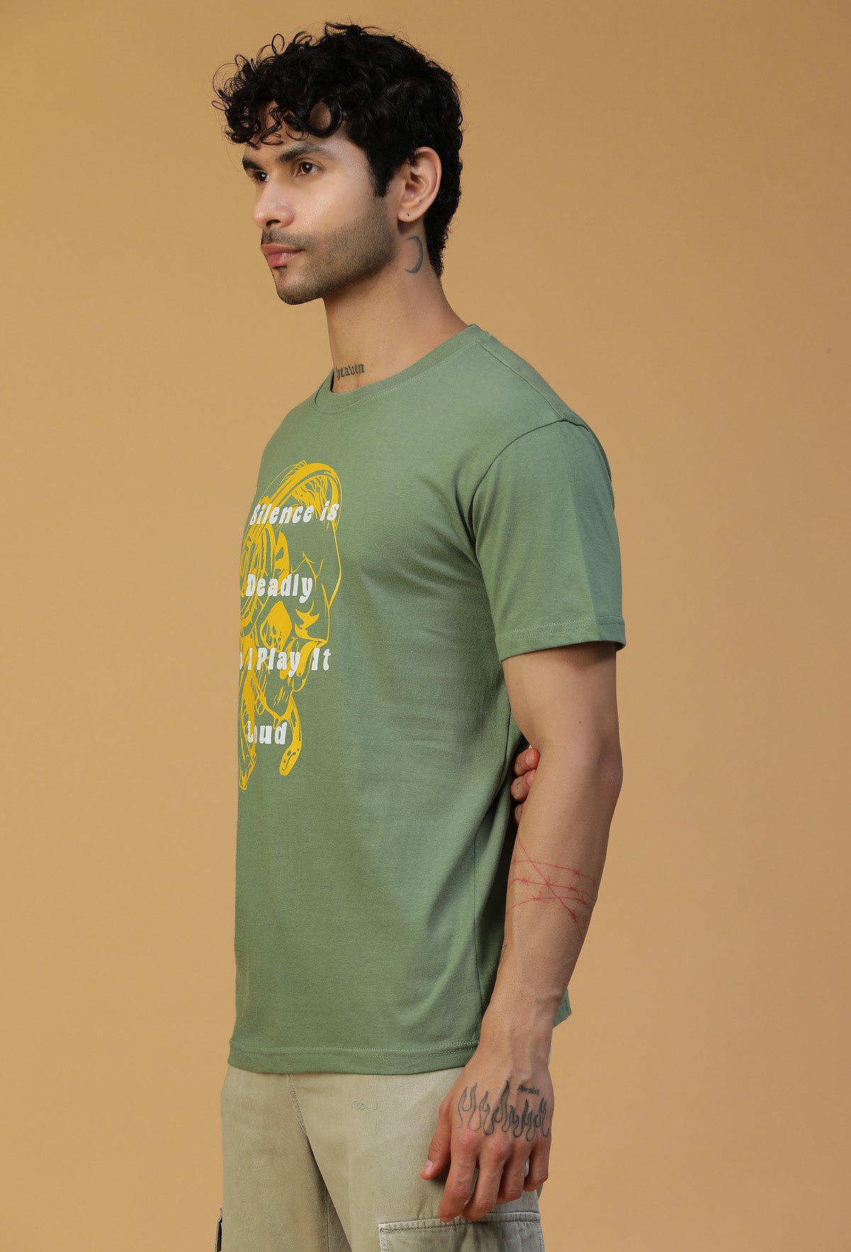 Skull and Typography Olive Regular Fit Premium T-Shirt.