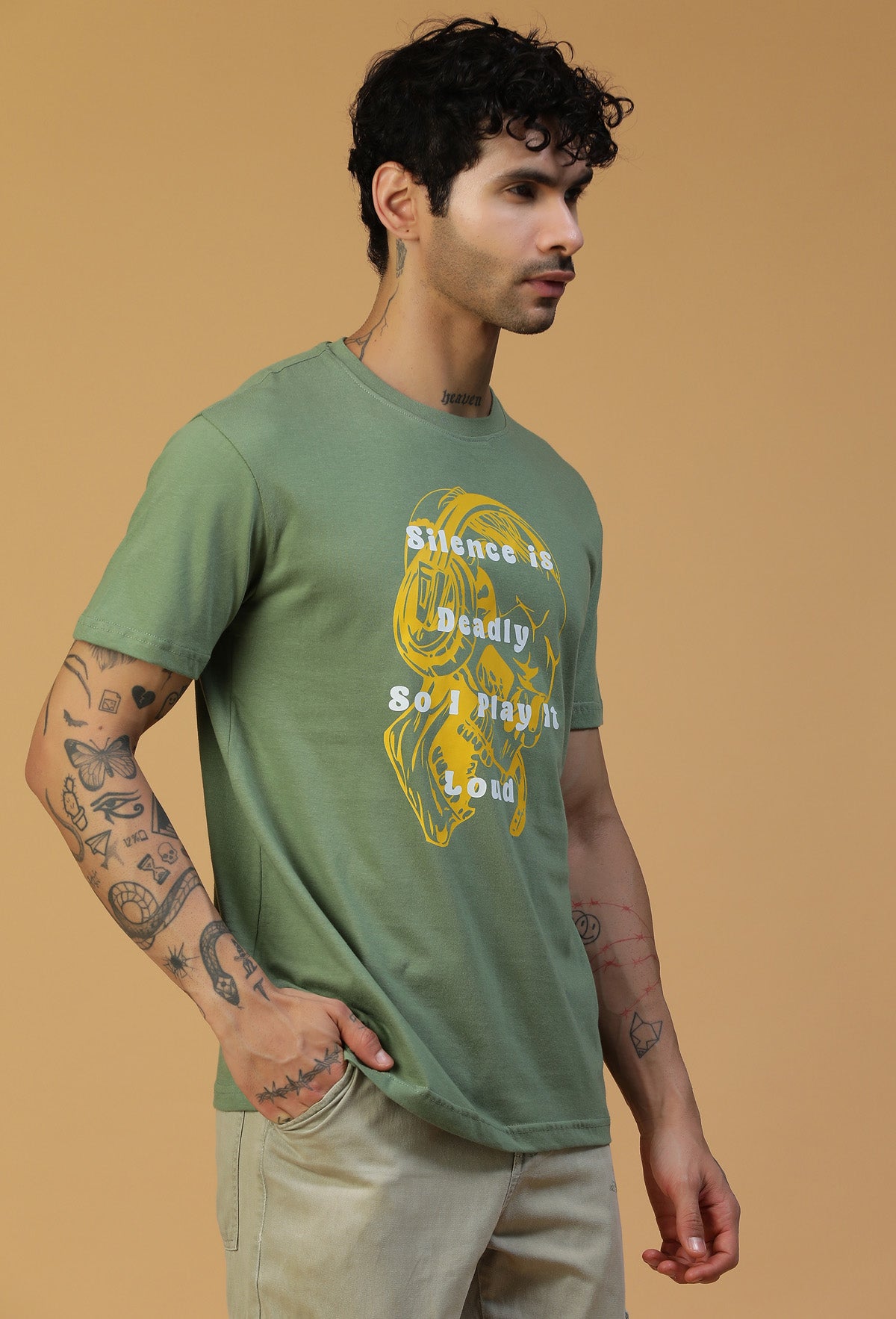 Skull and Typography Olive Regular Fit Premium T-Shirt.