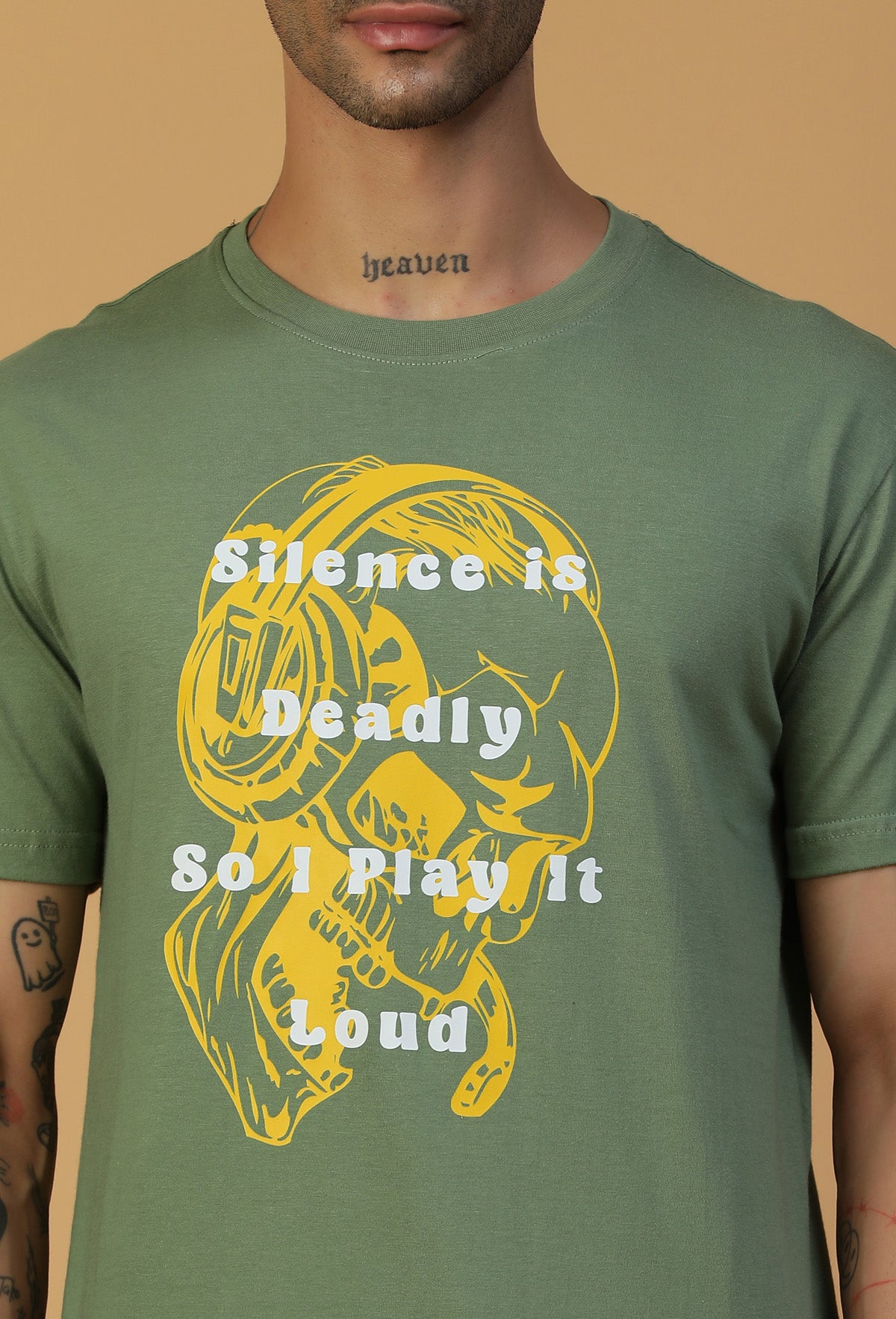 Skull and Typography Olive Regular Fit Premium T-Shirt.