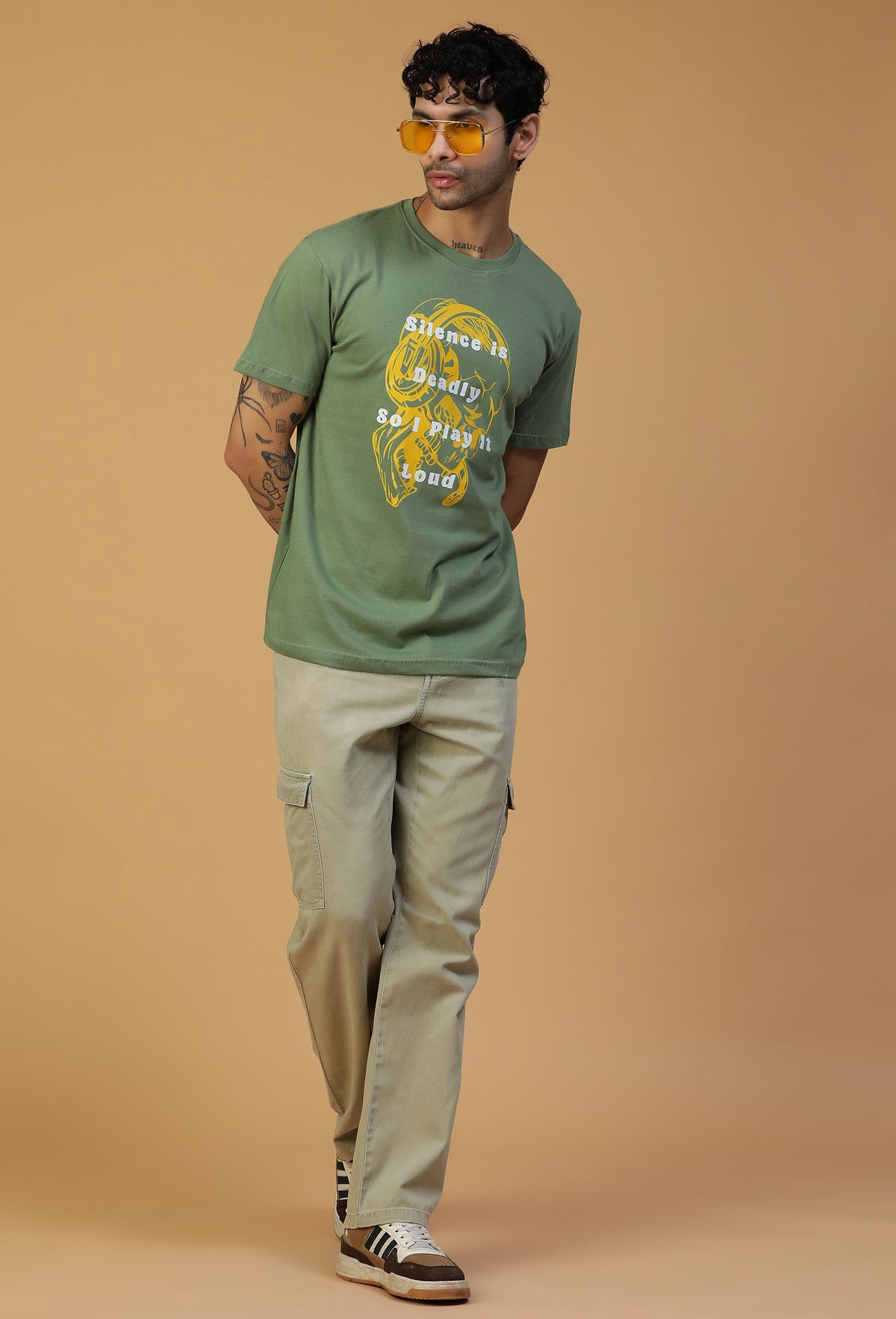Skull and Typography Olive Regular Fit Premium T-Shirt.