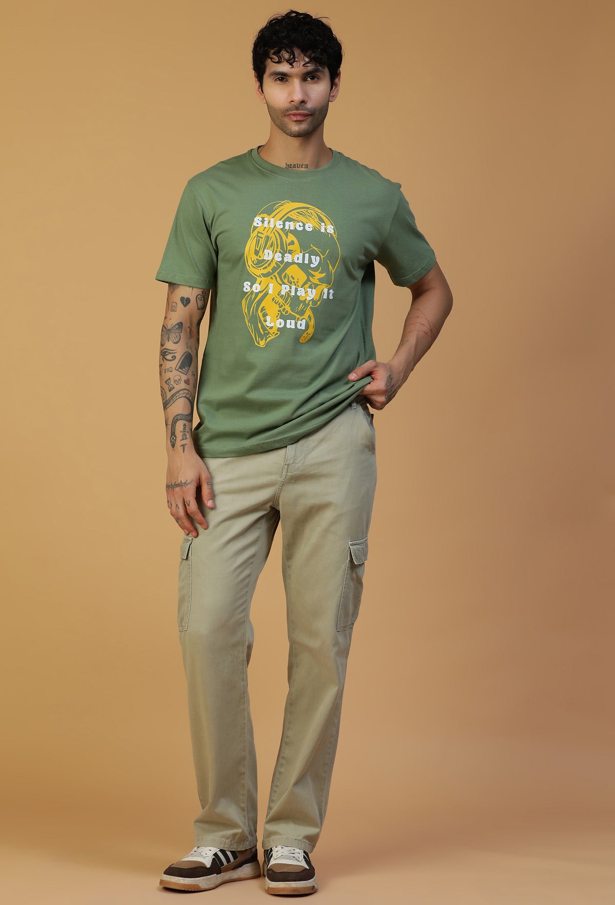 Skull and Typography Olive Regular Fit Premium T-Shirt.