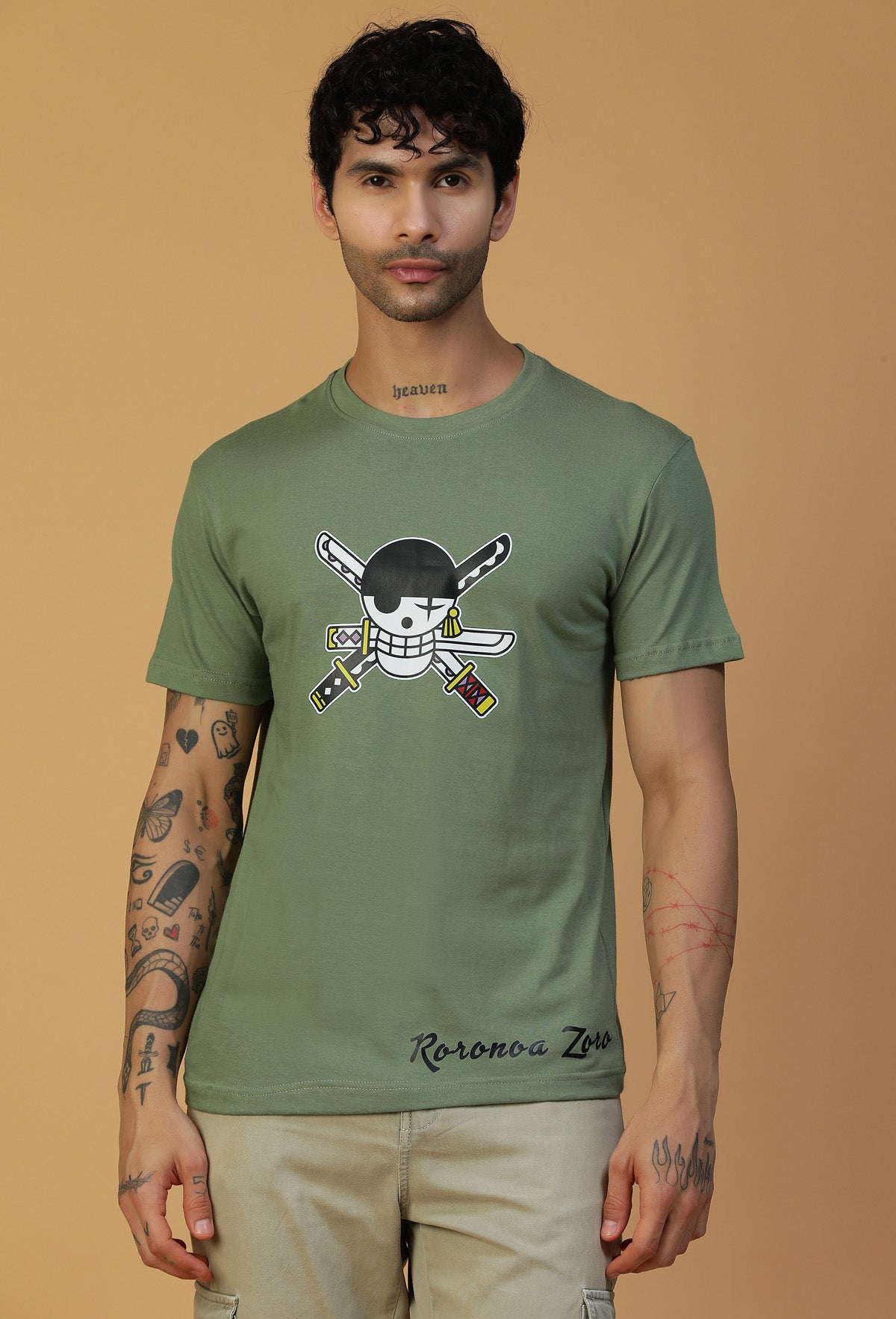 Anime Design Zoro Olive Regular Fit T-Shirt.