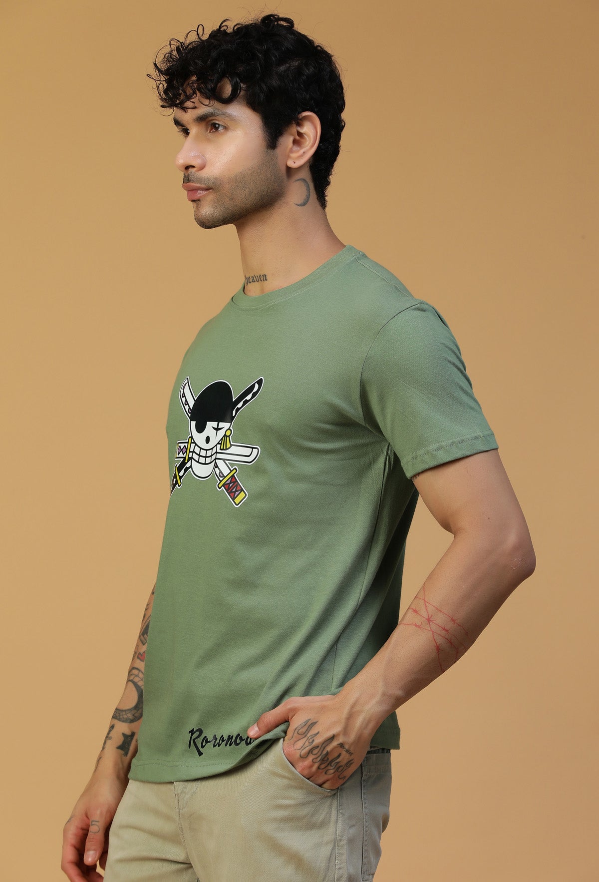 Anime Design Zoro Olive Regular Fit T-Shirt.