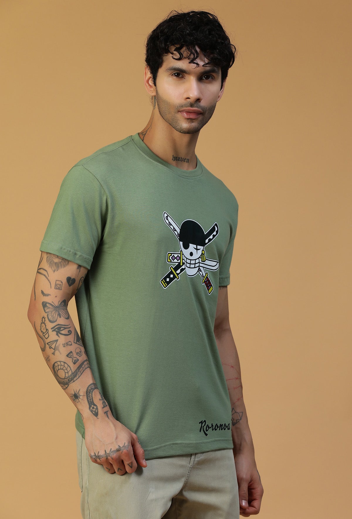 Anime Design Zoro Olive Regular Fit T-Shirt.