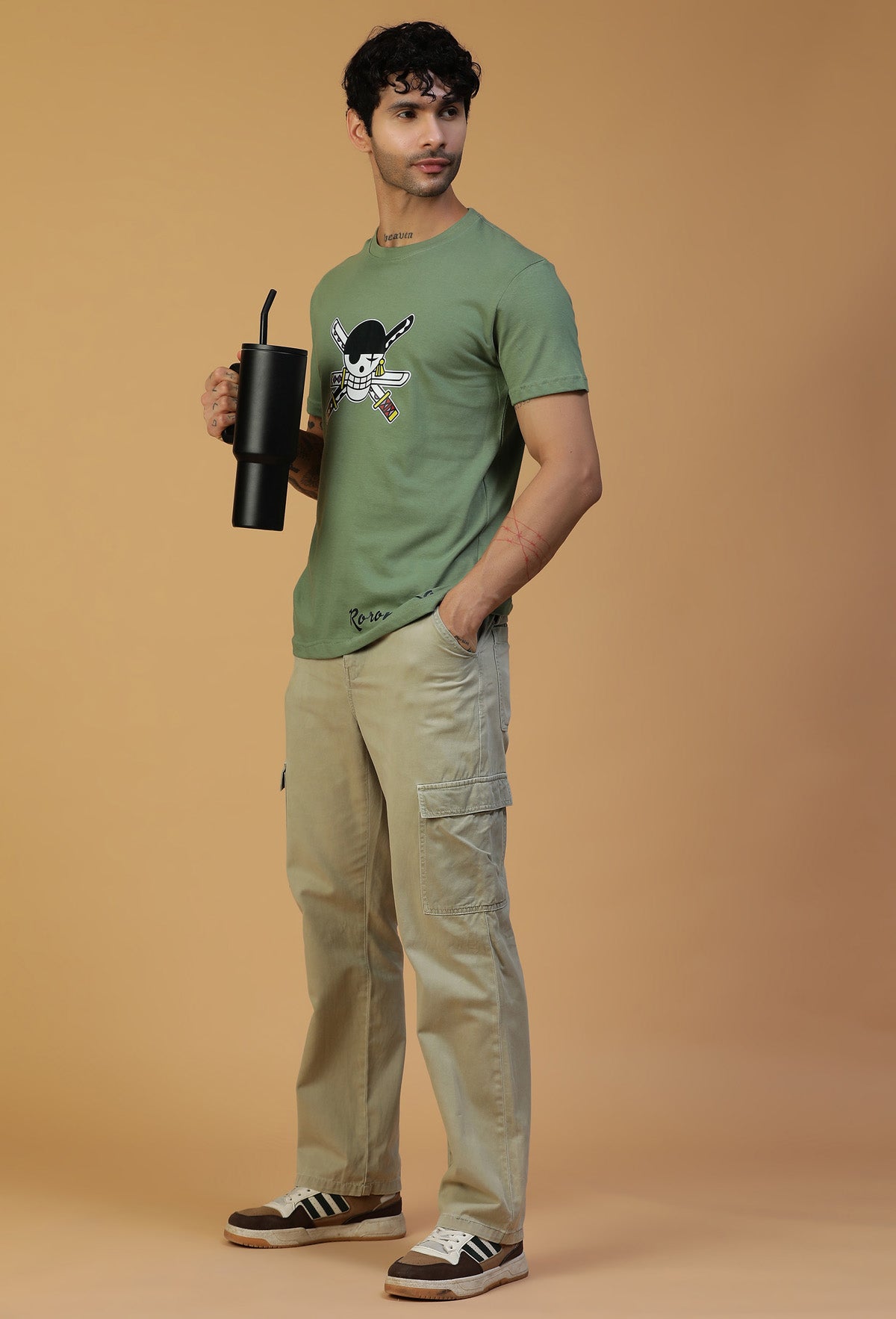 Anime Design Zoro Olive Regular Fit T-Shirt.
