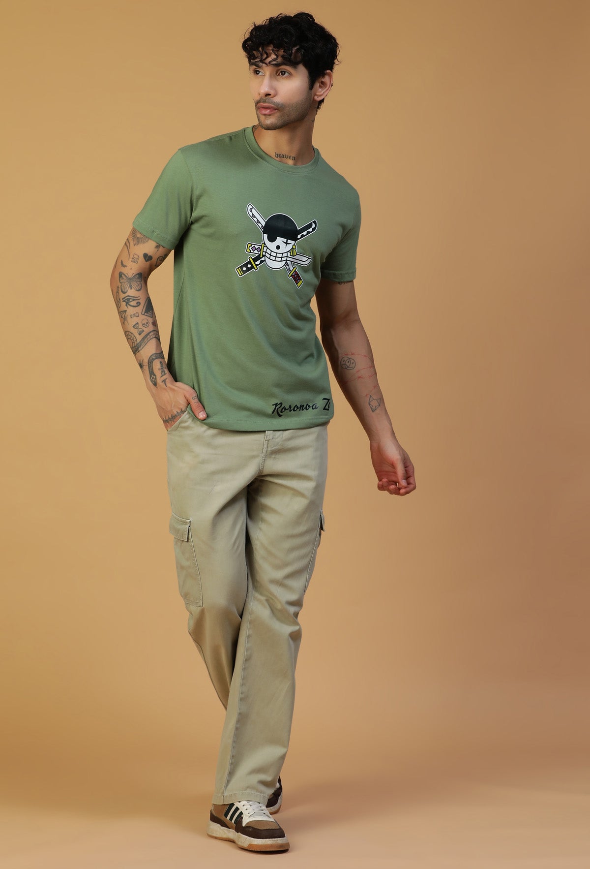 Anime Design Zoro Olive Regular Fit T-Shirt.