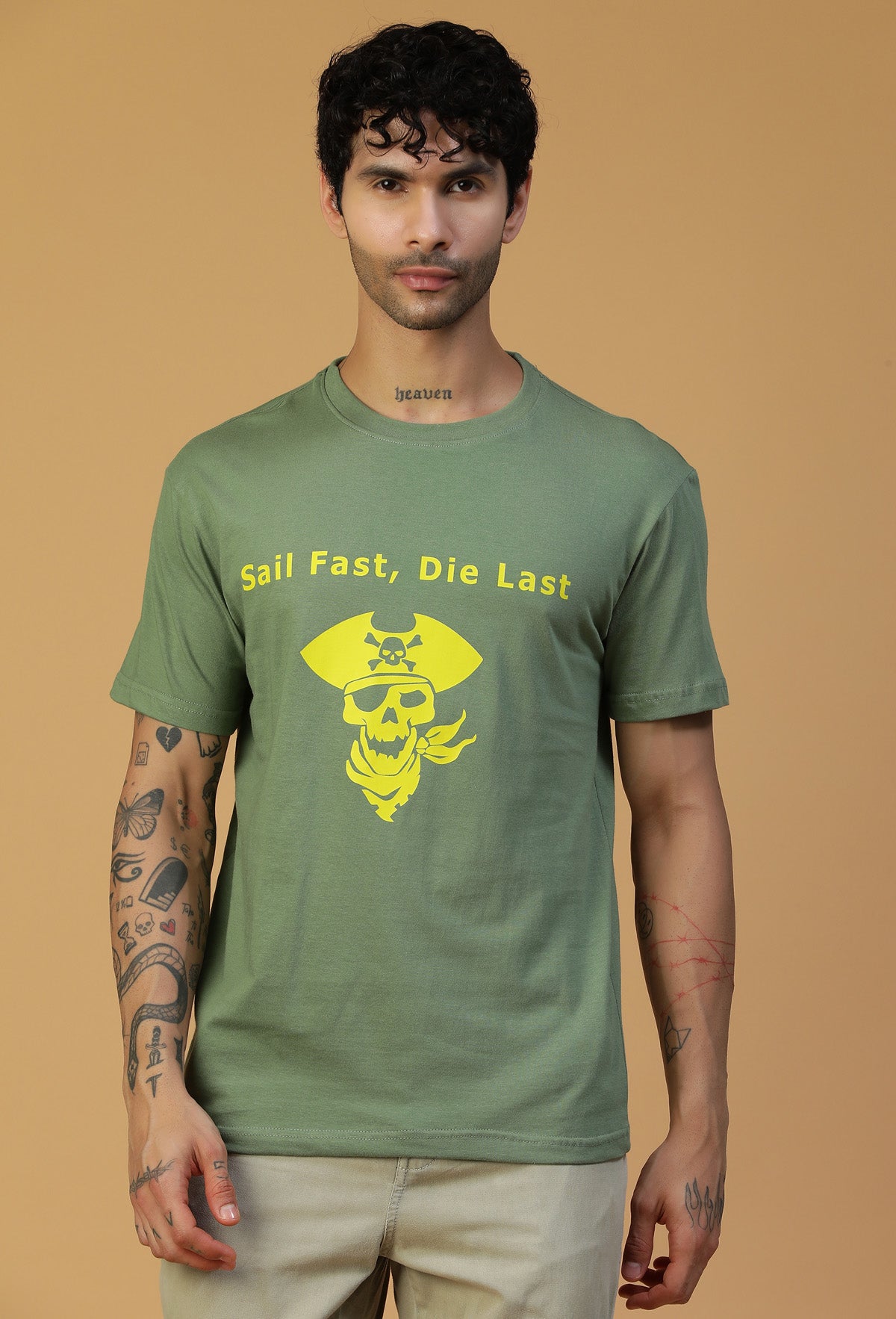 Regular Fit Pirate Graphic Printed T-Shirt Olive.