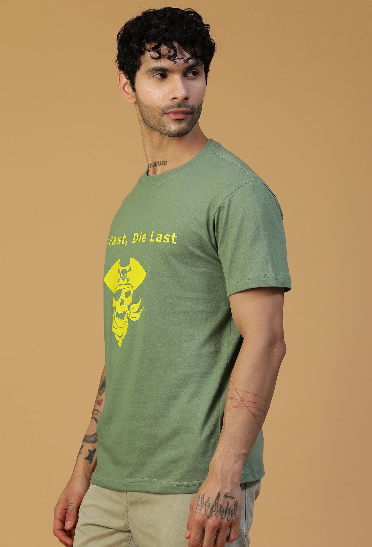 Regular Fit Pirate Graphic Printed T-Shirt Olive.