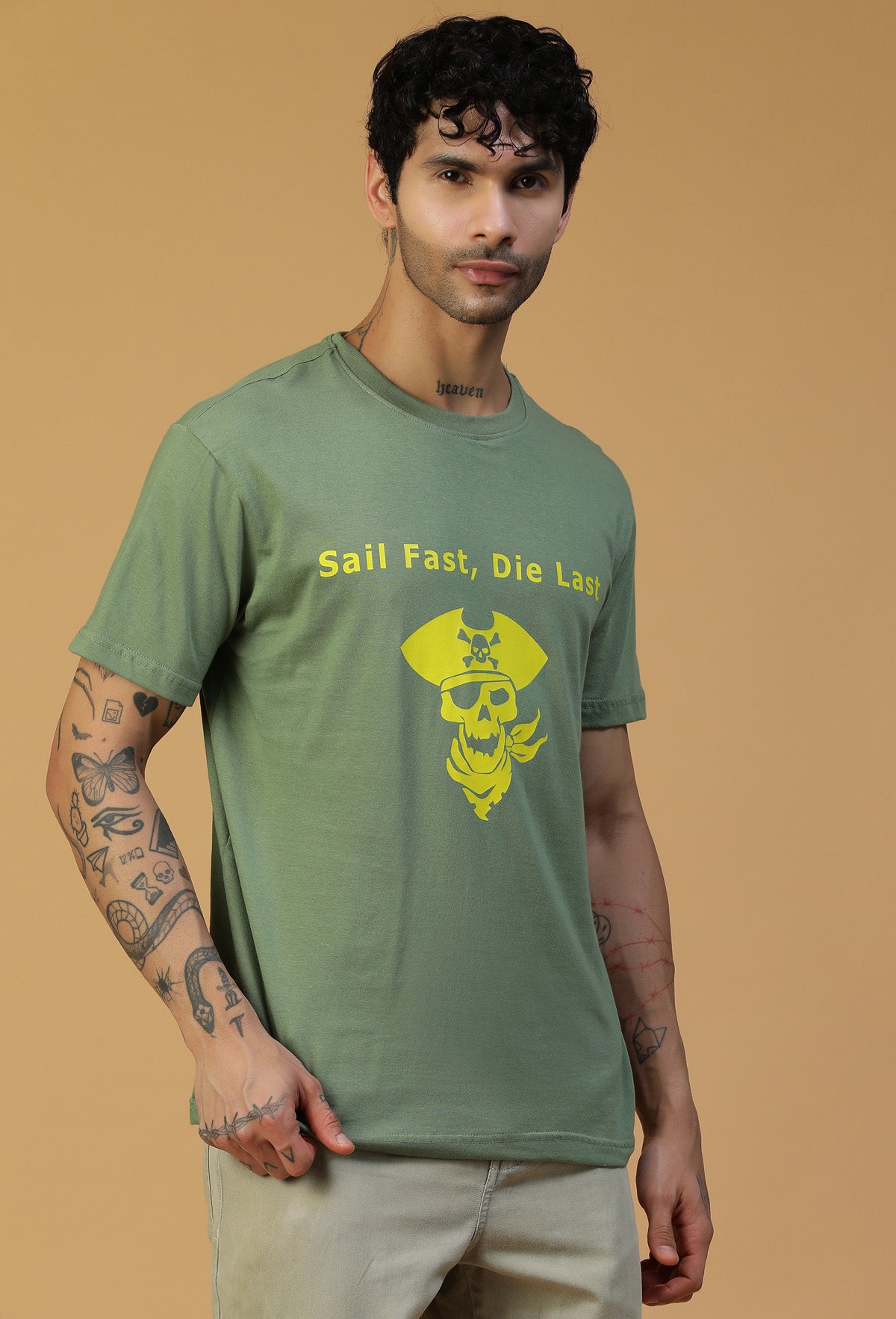 Regular Fit Pirate Graphic Printed T-Shirt Olive.
