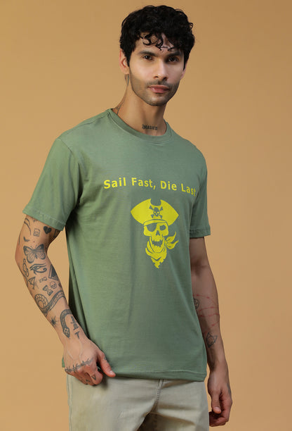 Regular Fit Pirate Graphic Printed T-Shirt Olive