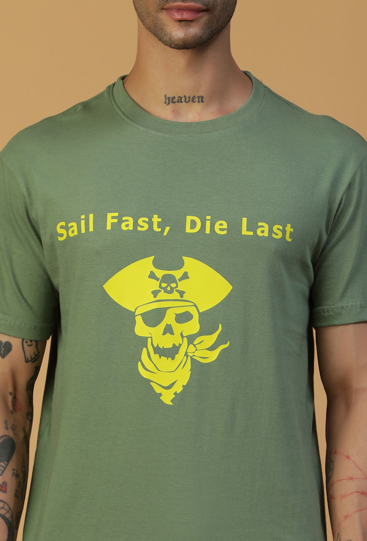 Regular Fit Pirate Graphic Printed T-Shirt Olive.