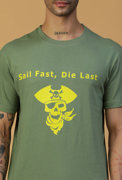 Regular Fit Pirate Graphic Printed T-Shirt Olive