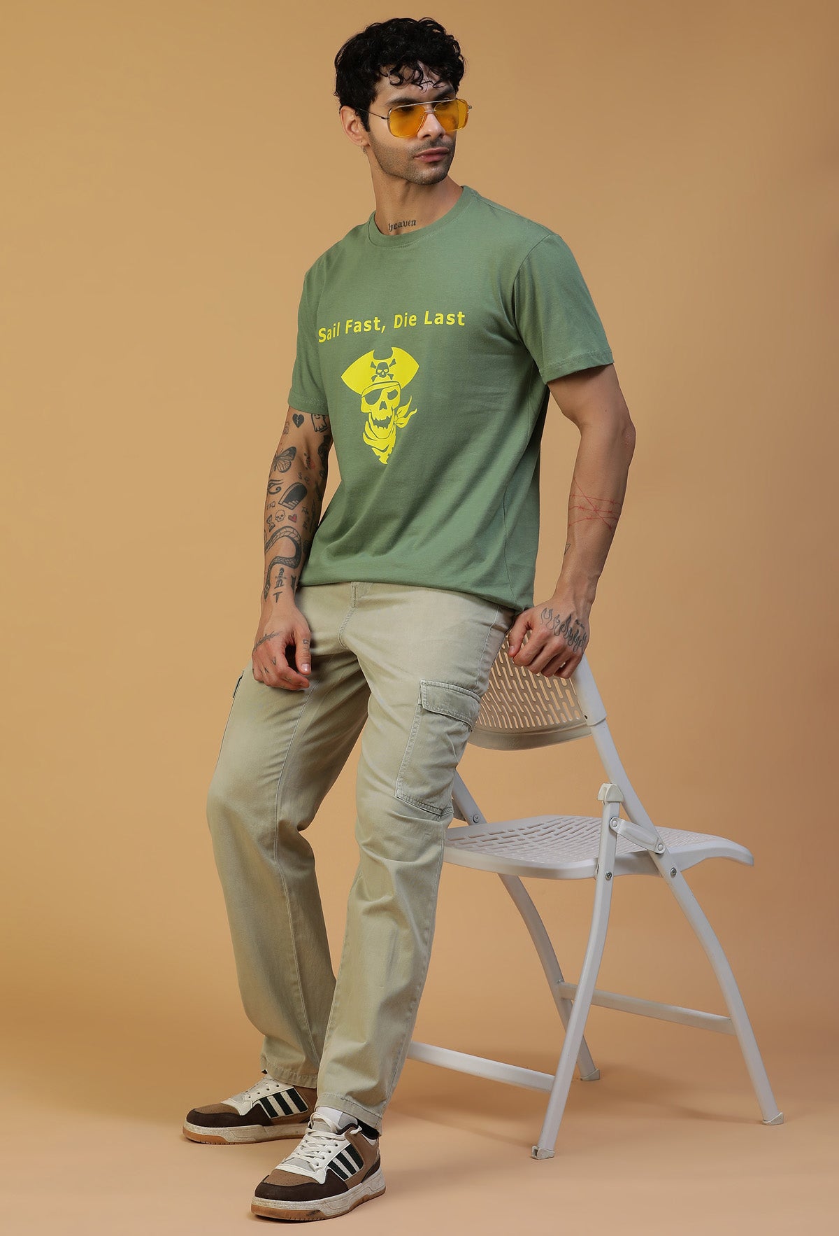 Regular Fit Pirate Graphic Printed T-Shirt Olive.