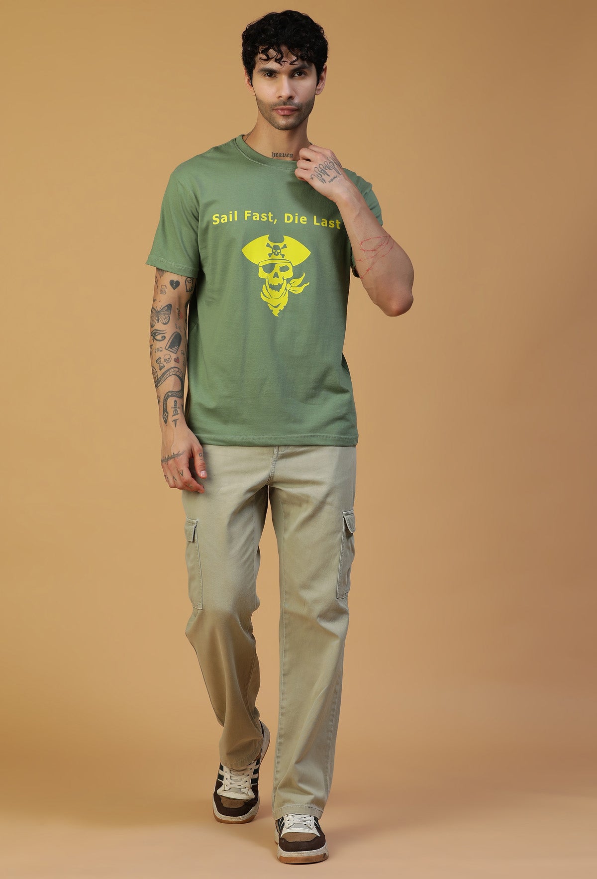 Regular Fit Pirate Graphic Printed T-Shirt Olive.
