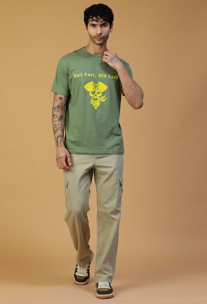 Regular Fit Pirate Graphic Printed T-Shirt Olive