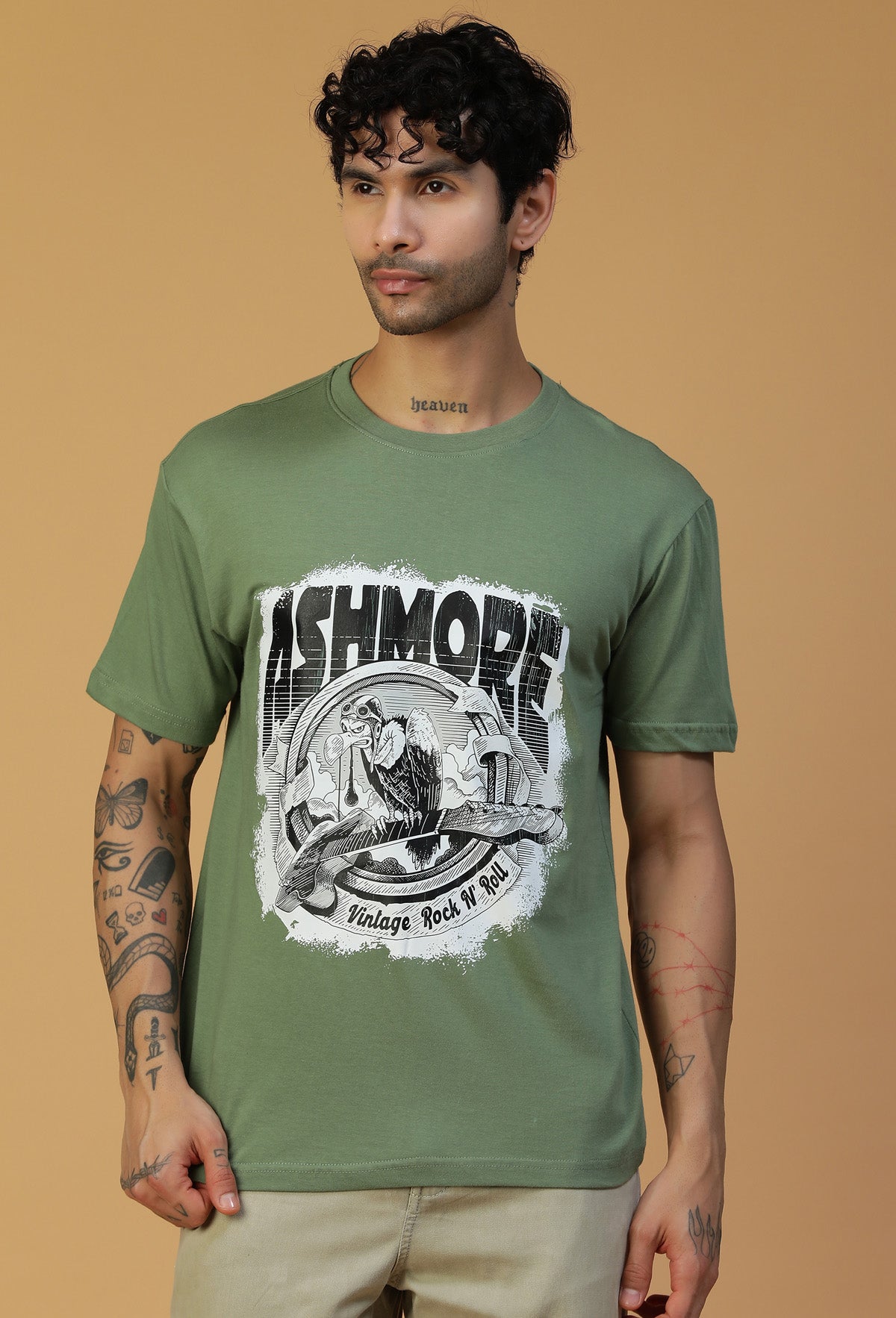 Big Classic Eagle Design Printed Olive Regular Fit T-Shirt.