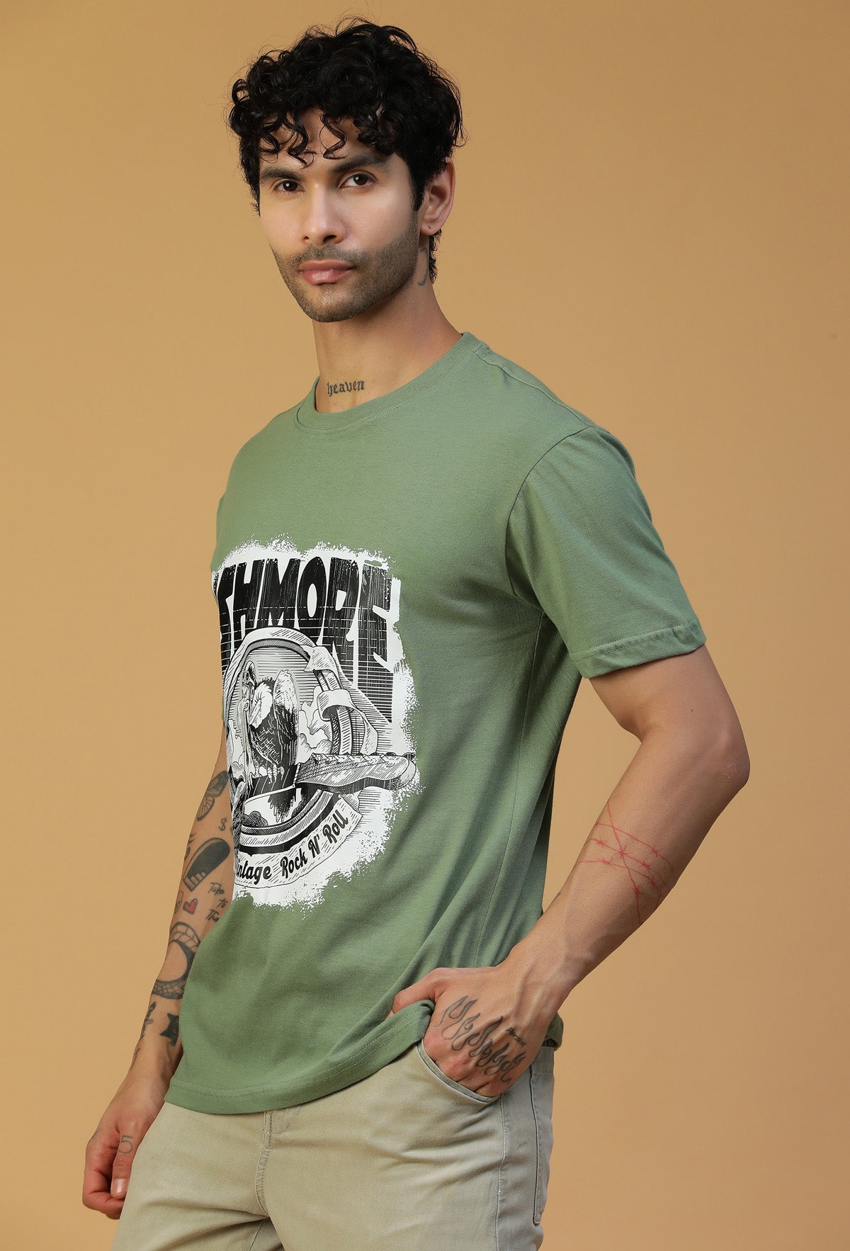 Big Classic Eagle Design Printed Olive Regular Fit T-Shirt.
