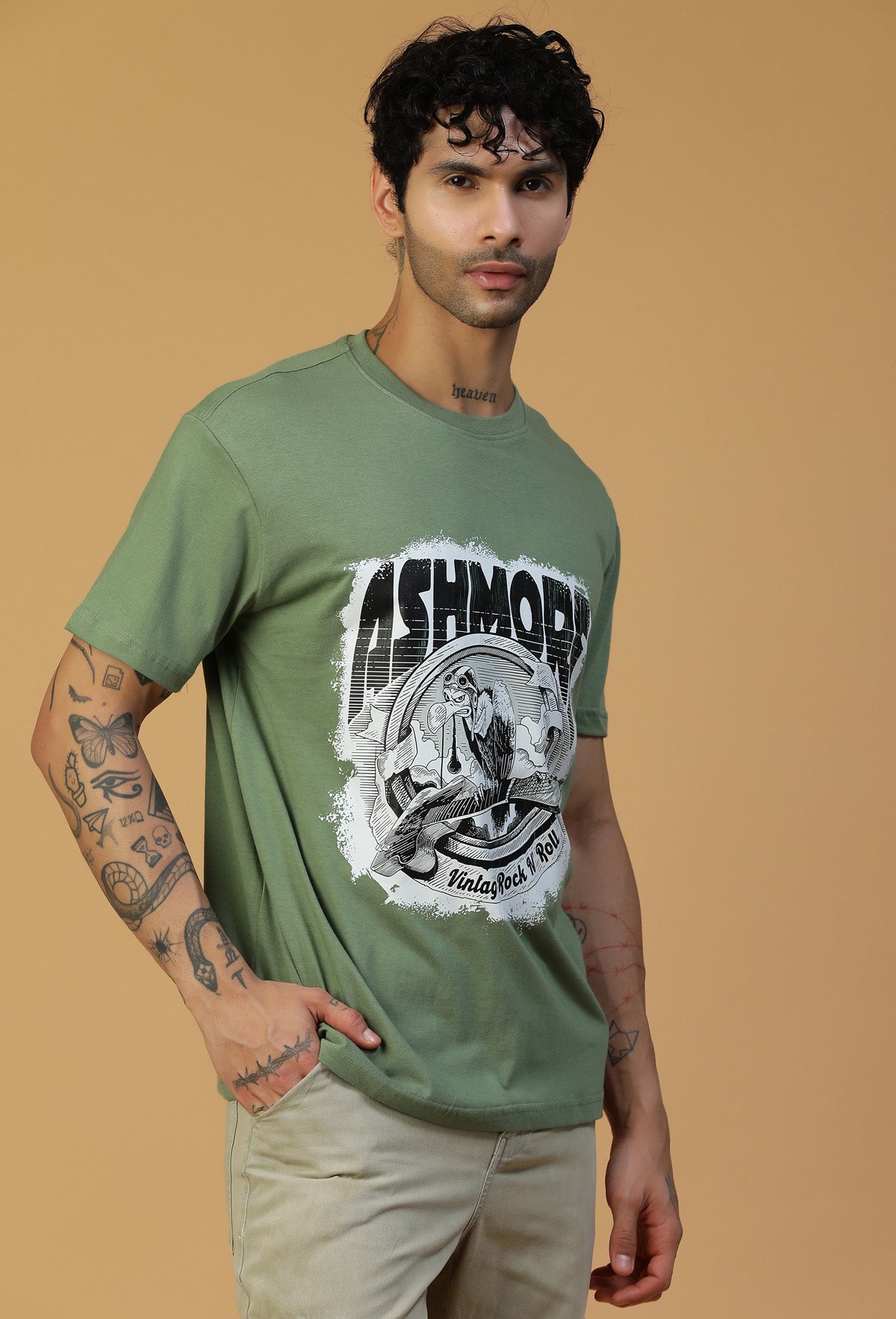 Big Classic Eagle Design Printed Olive Regular Fit T-Shirt.