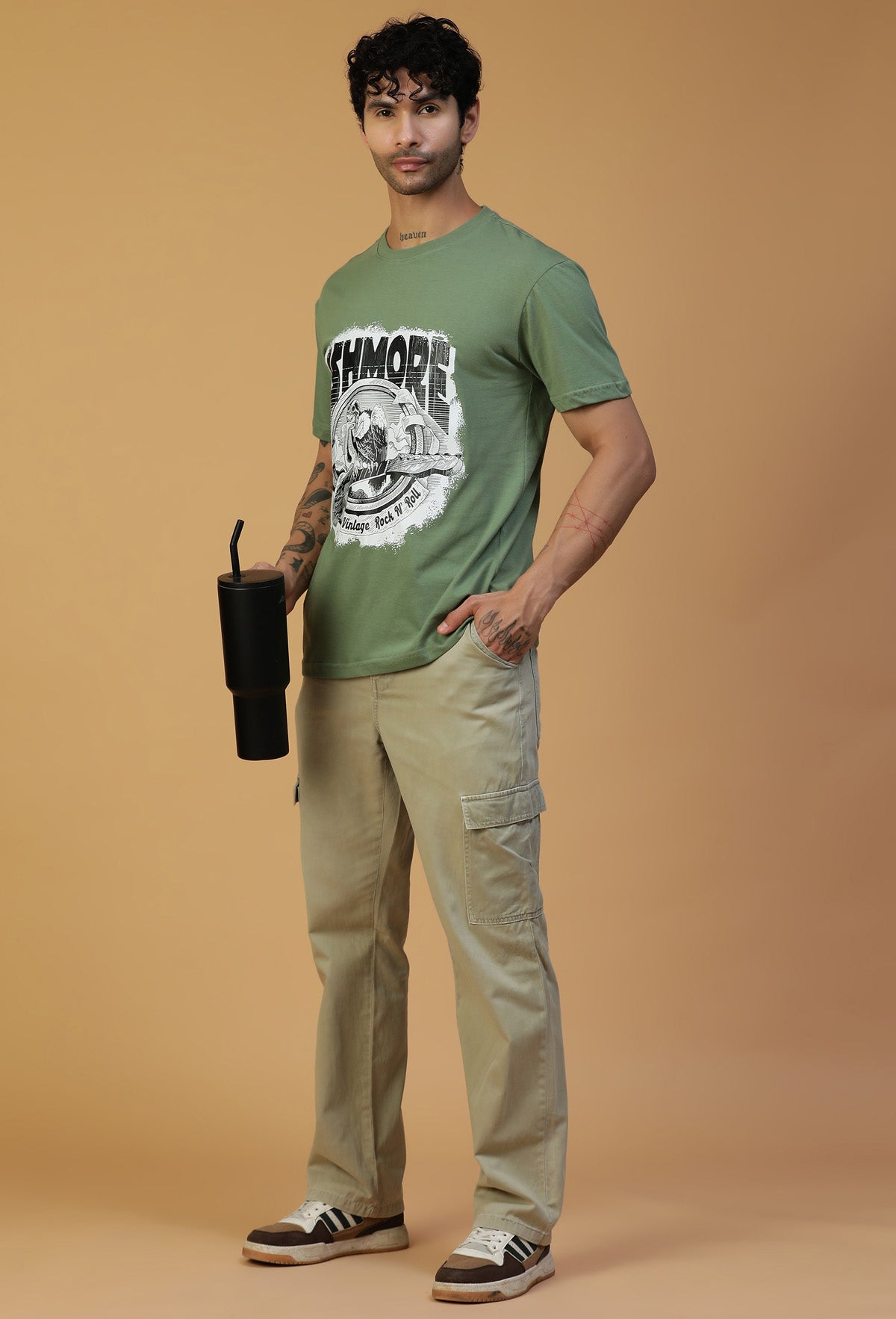 Big Classic Eagle Design Printed Olive Regular Fit T-Shirt.