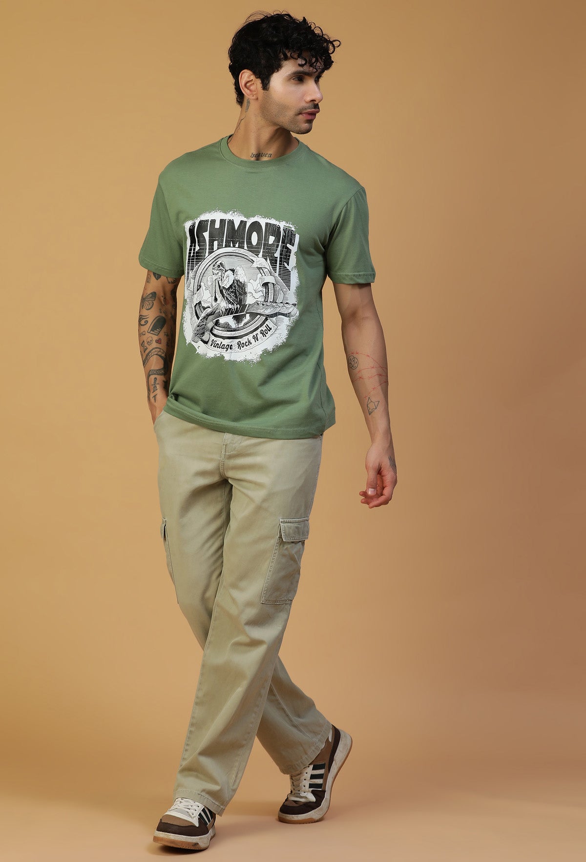 Big Classic Eagle Design Printed Olive Regular Fit T-Shirt.