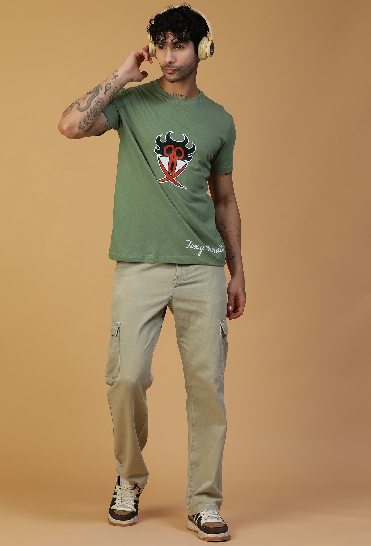 Anime Design One Piece Symbol Olive Regular Fit T-Shirt.