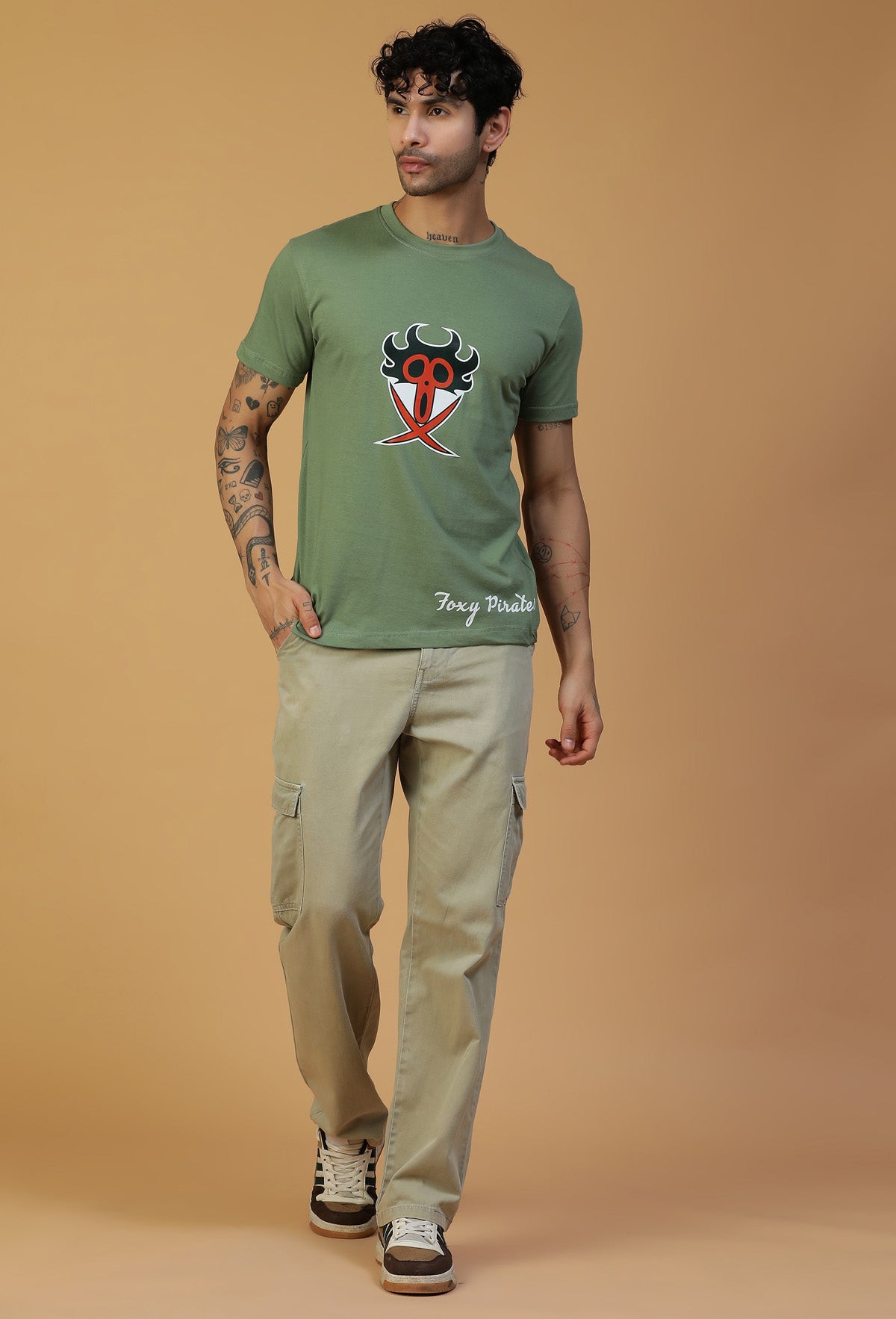 Anime Design One Piece Symbol Olive Regular Fit T-Shirt.