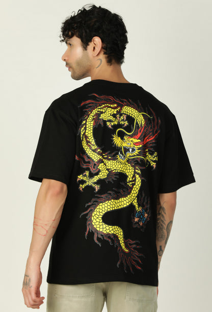 Premium Dragon Design Printed Pure Cotton Black Oversized T-shirt