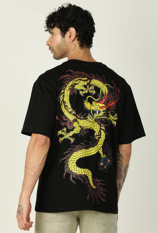 Premium Dragon Design Printed Pure Cotton Black Oversized T-shirt