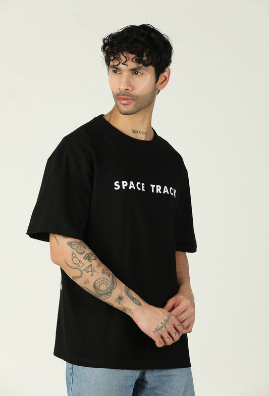 Space Track Printed Premium Pure Cotton Oversized Black T-shirt