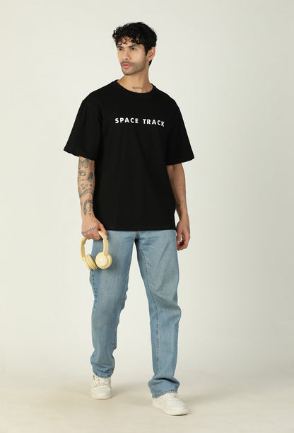 Space Track Printed Premium Pure Cotton Oversized Black T-shirt